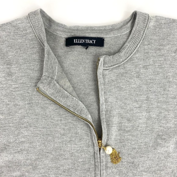 Ellen Tracy Cardigan Sweater Women's M Pearl Zip Pull Jacket Gray Viscose Nylon - Picture 6 of 9